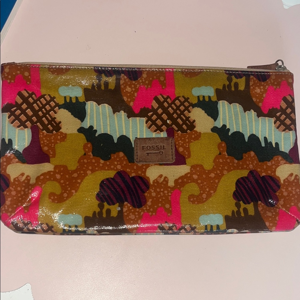 Fossil Yellow, Pink and Brown Patterned Zip Wristlet Pouch